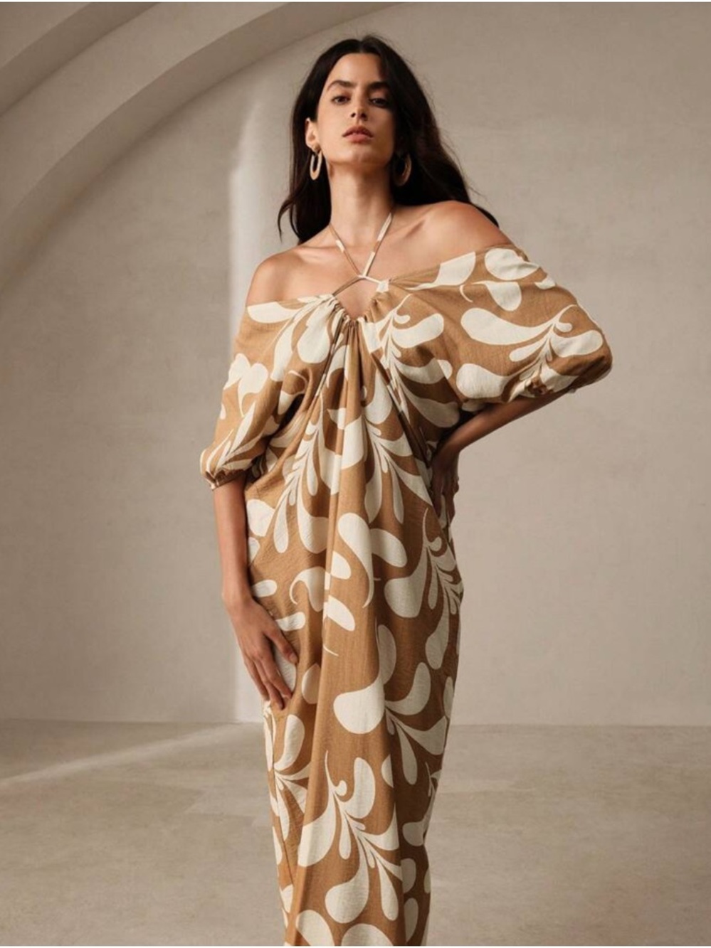 One-Shoulder Brown & Cream Print Maxi Dress